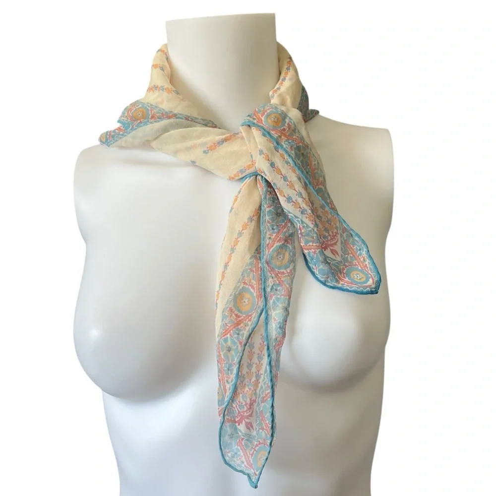 Vintage Square Silk Feel Scarf Sheer Blue Orange Floral Print Lightweight